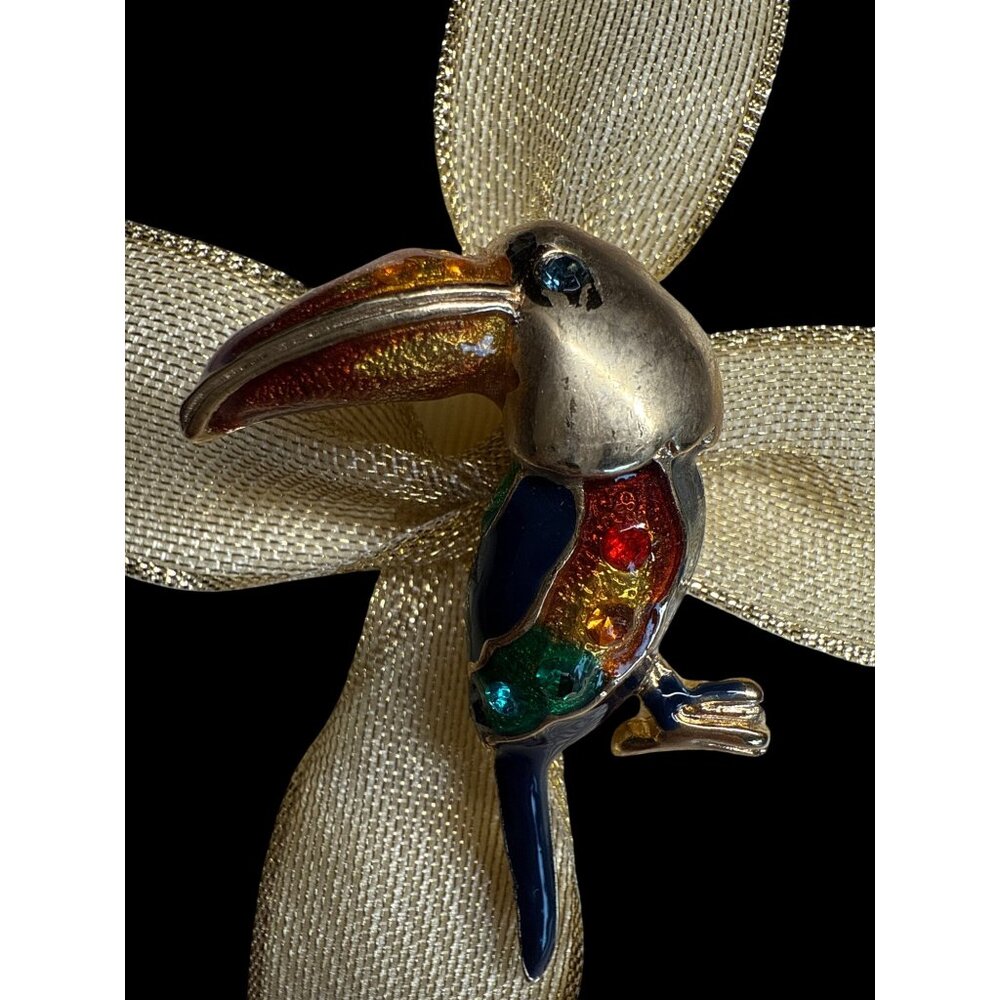Vintage Toucan Enamel & Rhinestone Brooch Pin - Multicolored Toucan Design